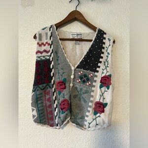Vintage Floral Patchwork Hand Knit Vest Rose Small Boxy Grandmacore Dainty‎